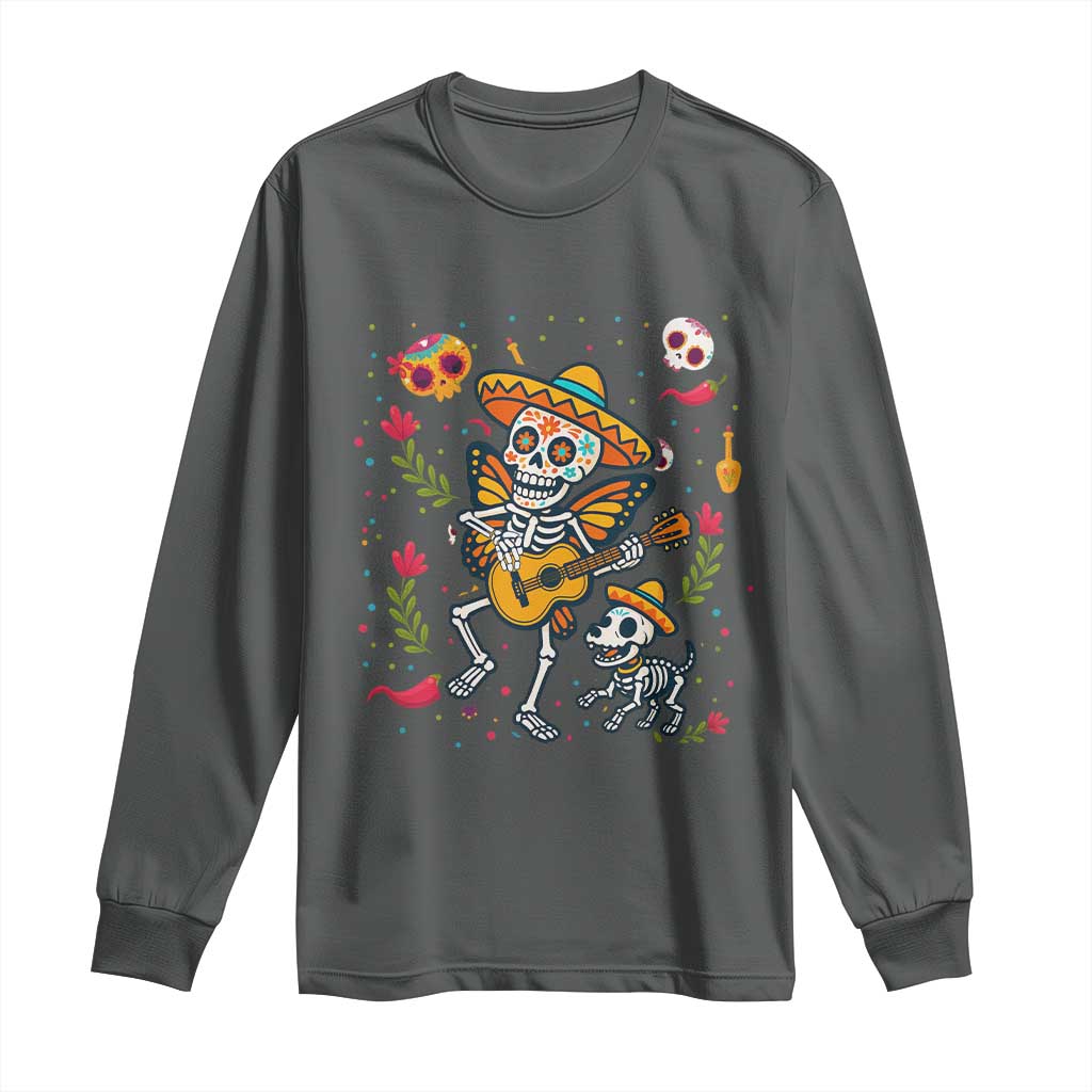Day Of The Dead Skeleton Long Sleeve Shirt Playing Guitar With Dog Mexican Festival TS12 Dark Heather Print Your Wear