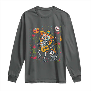 Day Of The Dead Skeleton Long Sleeve Shirt Playing Guitar With Dog Mexican Festival TS12 Dark Heather Print Your Wear