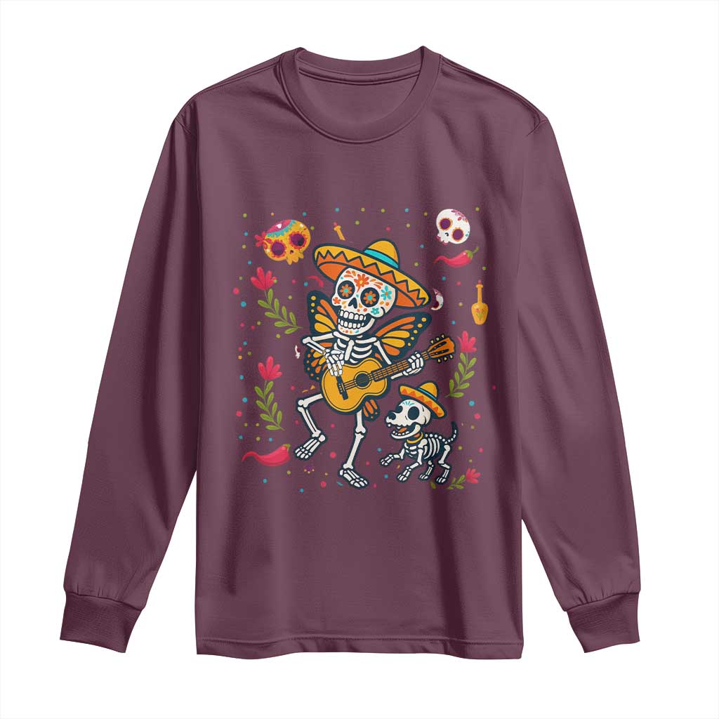 Day Of The Dead Skeleton Long Sleeve Shirt Playing Guitar With Dog Mexican Festival TS12 Maroon Print Your Wear