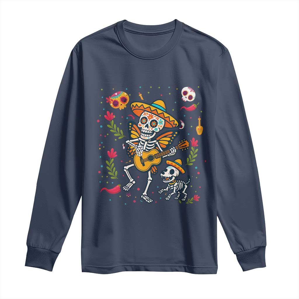 Day Of The Dead Skeleton Long Sleeve Shirt Playing Guitar With Dog Mexican Festival TS12 Navy Print Your Wear