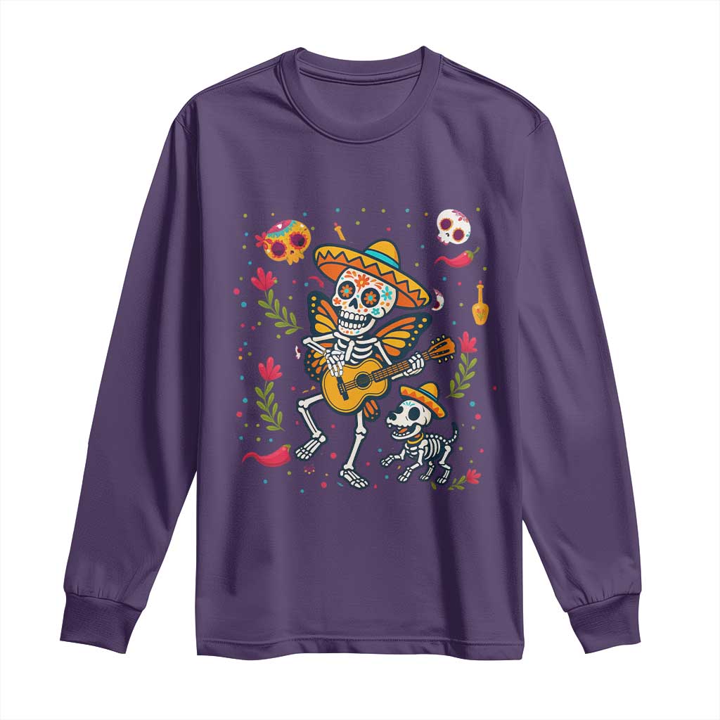 Day Of The Dead Skeleton Long Sleeve Shirt Playing Guitar With Dog Mexican Festival TS12 Purple Print Your Wear