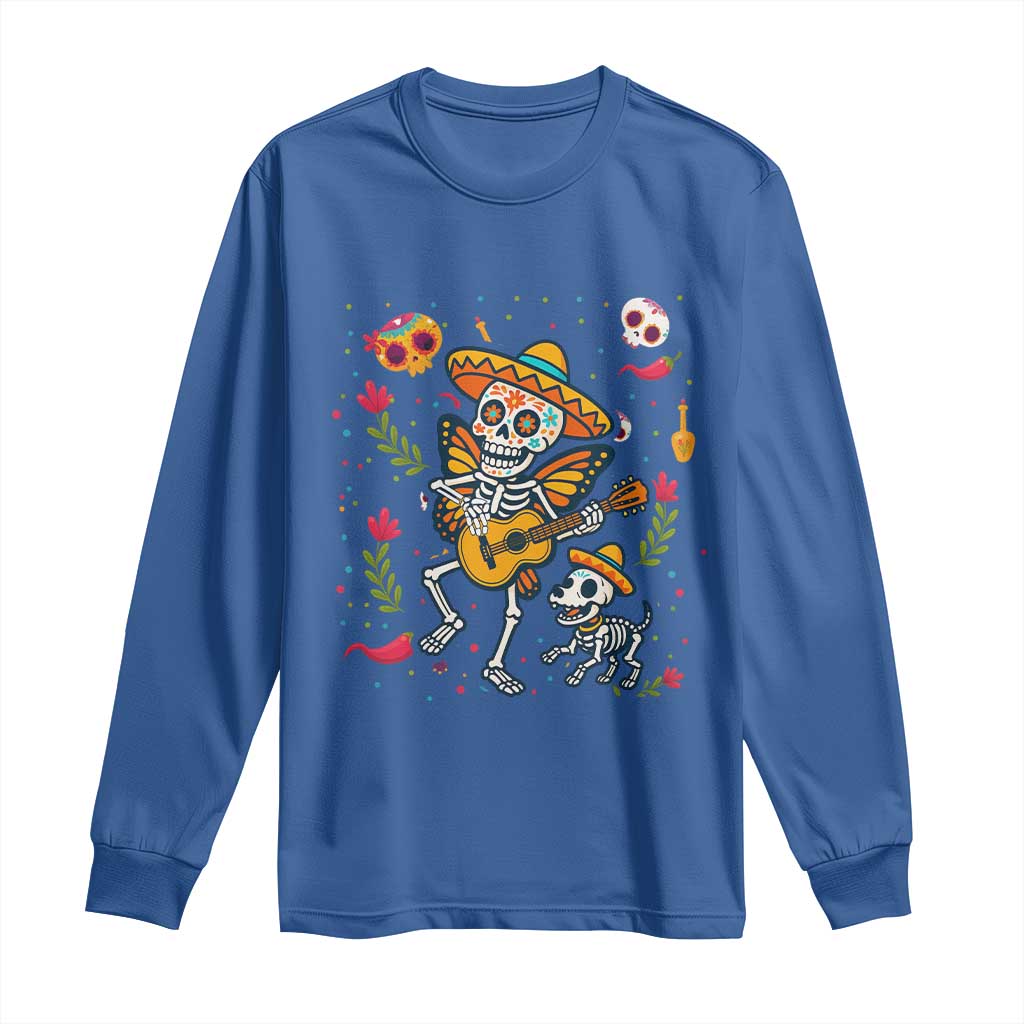 Day Of The Dead Skeleton Long Sleeve Shirt Playing Guitar With Dog Mexican Festival TS12 Royal Blue Print Your Wear