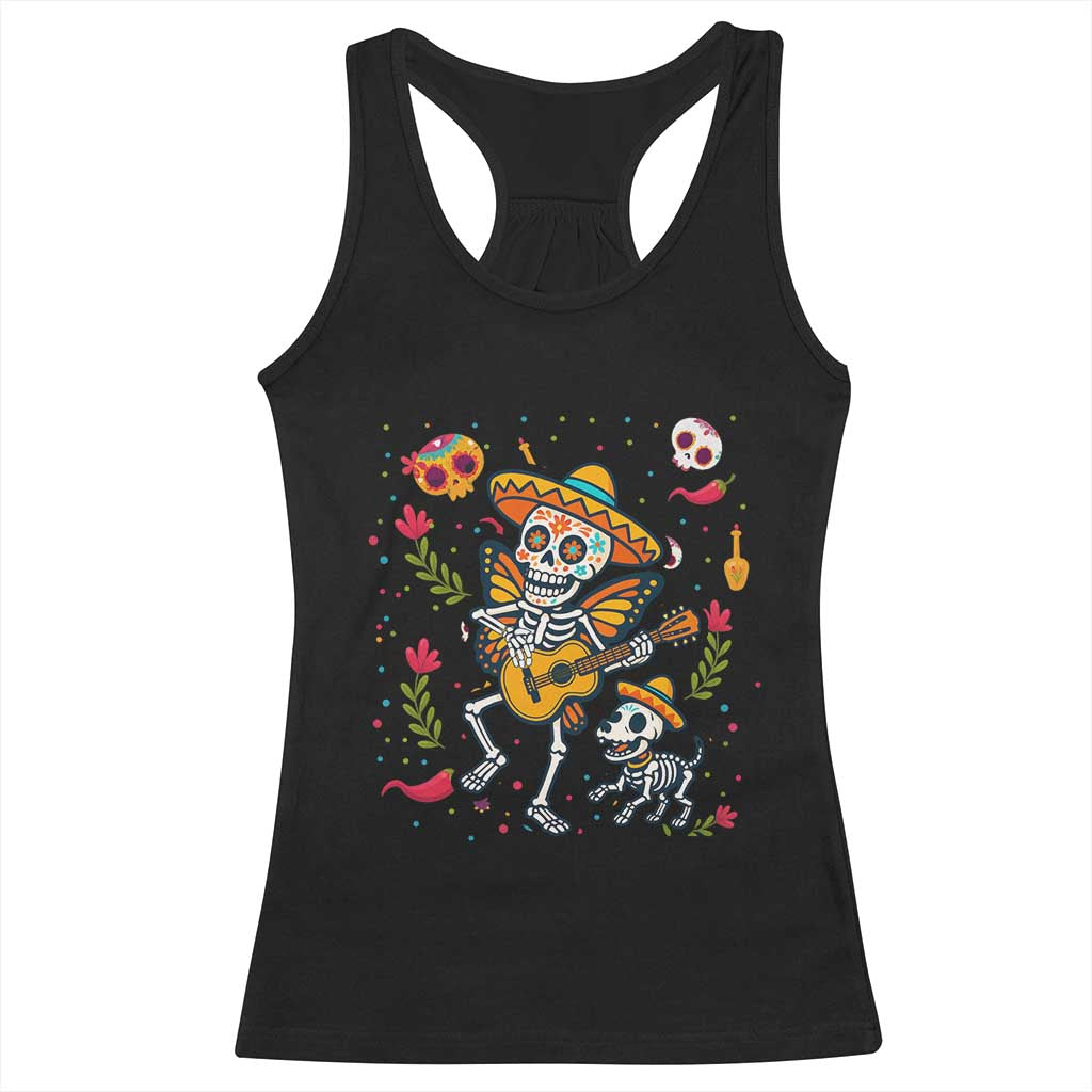 Day Of The Dead Skeleton Racerback Tank Top Playing Guitar With Dog Mexican Festival TS12 Black Print Your Wear