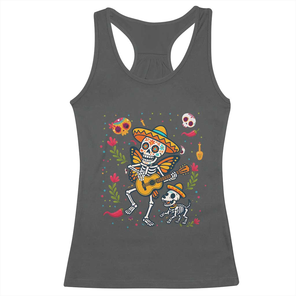 Day Of The Dead Skeleton Racerback Tank Top Playing Guitar With Dog Mexican Festival TS12 Dark Heather Print Your Wear