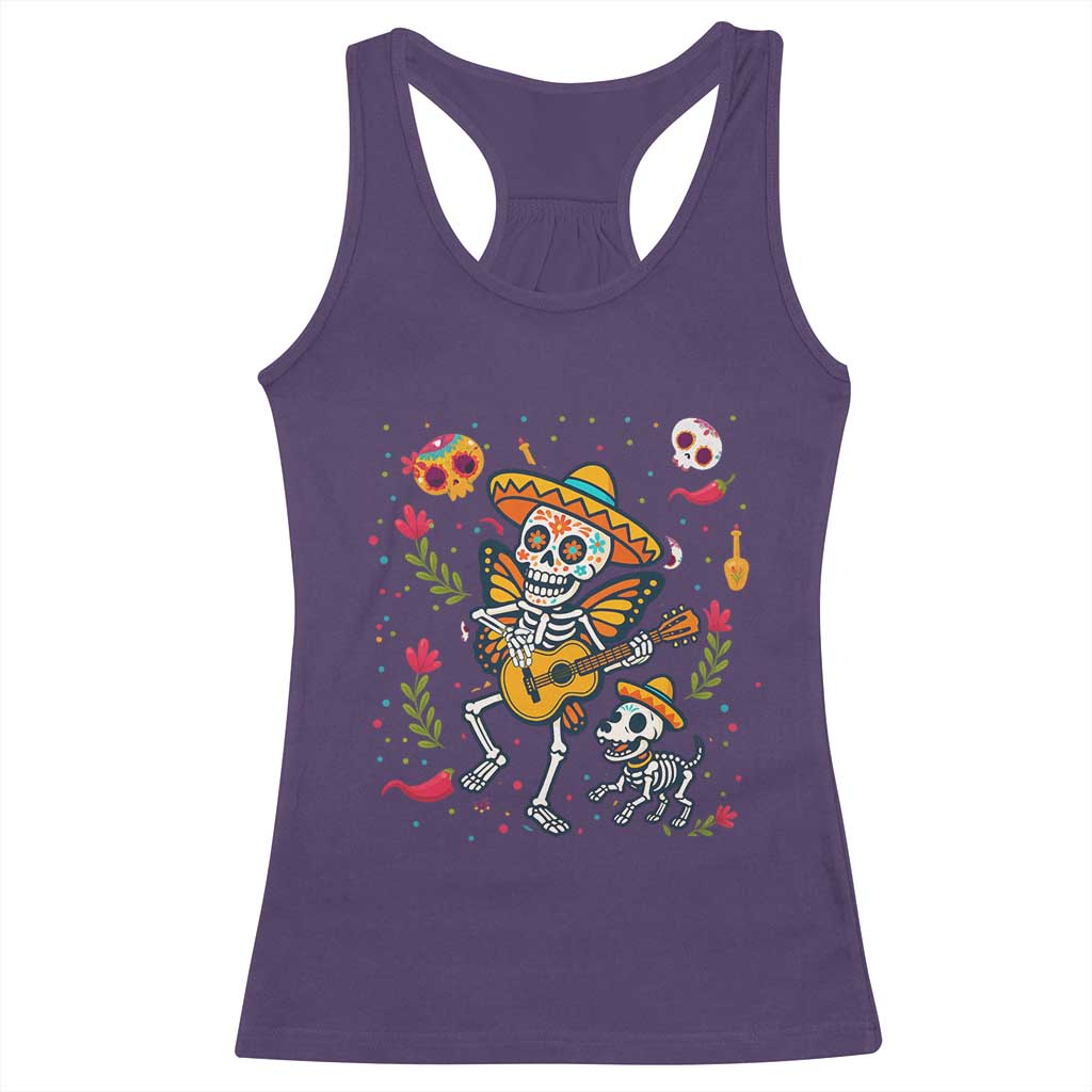 Day Of The Dead Skeleton Racerback Tank Top Playing Guitar With Dog Mexican Festival TS12 Purple Print Your Wear