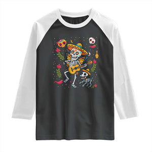 Day Of The Dead Skeleton Raglan Shirt Playing Guitar With Dog Mexican Festival TS12 Black White Print Your Wear