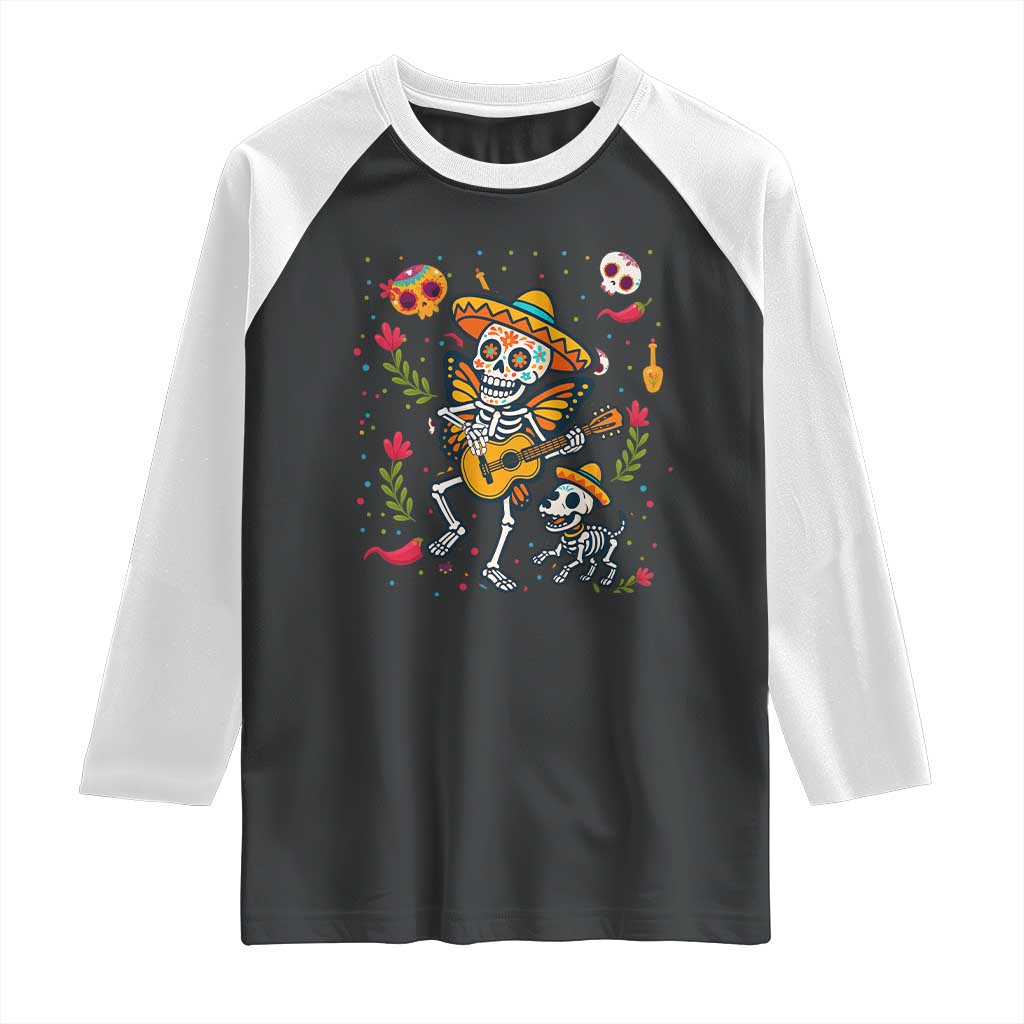 Day Of The Dead Skeleton Raglan Shirt Playing Guitar With Dog Mexican Festival TS12 Black White Print Your Wear