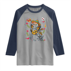 Day Of The Dead Skeleton Raglan Shirt Playing Guitar With Dog Mexican Festival TS12 Sport Gray Navy Print Your Wear