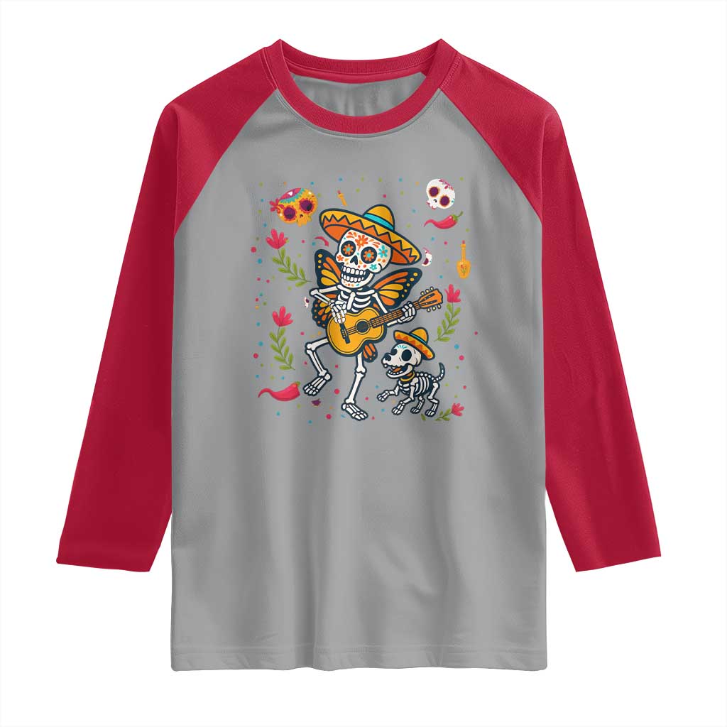 Day Of The Dead Skeleton Raglan Shirt Playing Guitar With Dog Mexican Festival TS12 Sport Gray Red Print Your Wear