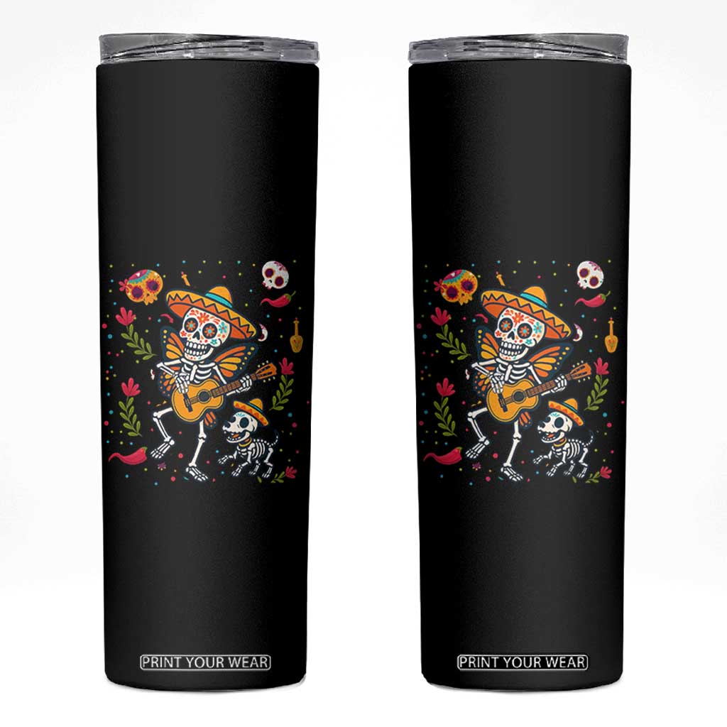 Day Of The Dead Skeleton Skinny Tumbler Playing Guitar With Dog Mexican Festival TS12 Black Print Your Wear