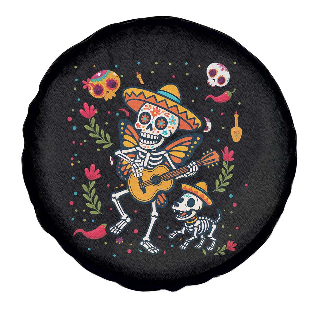 Day Of The Dead Skeleton Spare Tire Cover Playing Guitar With Dog Mexican Festival TS12 Print Your Wear
