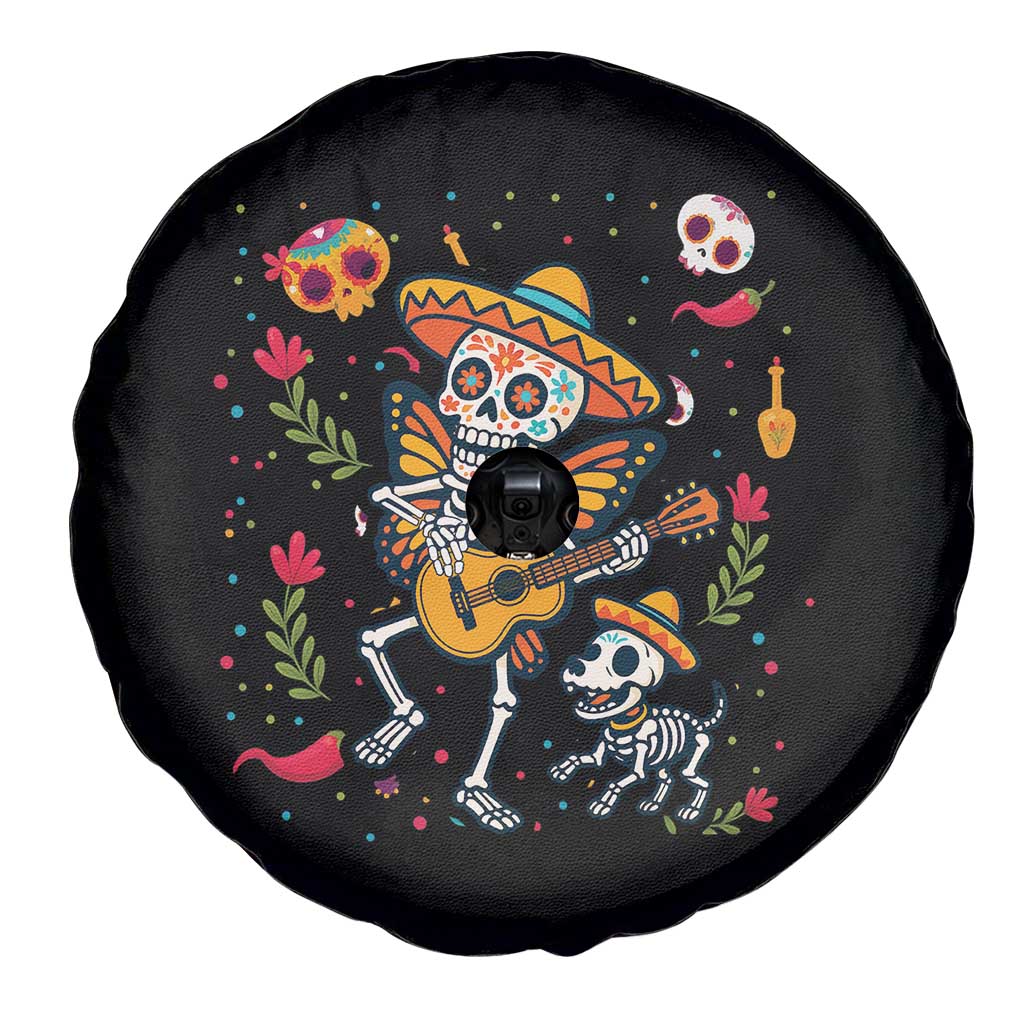 Day Of The Dead Skeleton Spare Tire Cover Playing Guitar With Dog Mexican Festival TS12 Print Your Wear