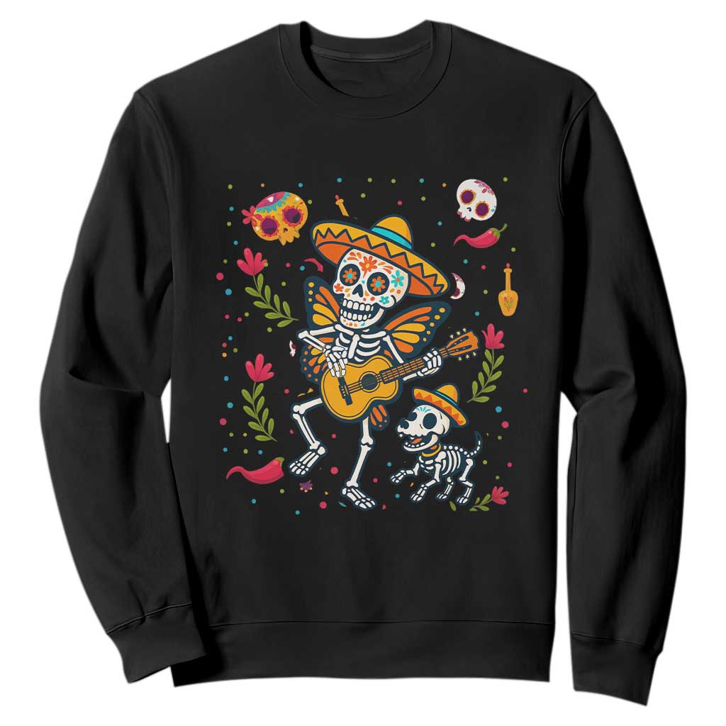Day Of The Dead Skeleton Sweatshirt Playing Guitar With Dog Mexican Festival TS12 Black Print Your Wear