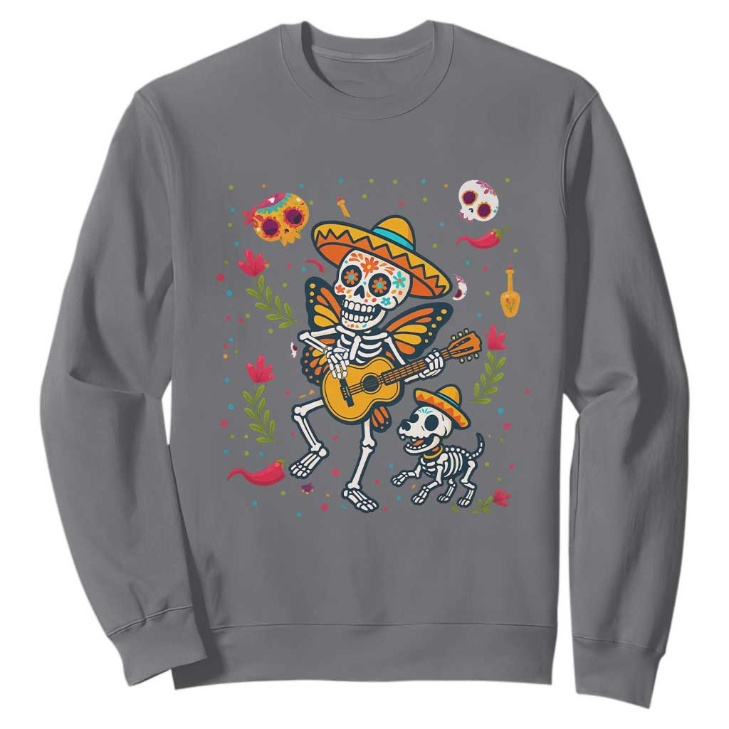 Day Of The Dead Skeleton Sweatshirt Playing Guitar With Dog Mexican Festival TS12 Charcoal Print Your Wear