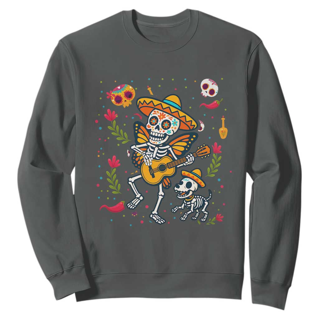 Day Of The Dead Skeleton Sweatshirt Playing Guitar With Dog Mexican Festival TS12 Dark Heather Print Your Wear