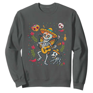 Day Of The Dead Skeleton Sweatshirt Playing Guitar With Dog Mexican Festival TS12 Dark Heather Print Your Wear