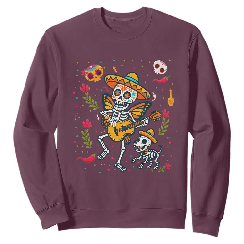 Day Of The Dead Skeleton Sweatshirt Playing Guitar With Dog Mexican Festival TS12 Maroon Print Your Wear