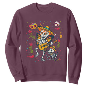 Day Of The Dead Skeleton Sweatshirt Playing Guitar With Dog Mexican Festival TS12 Maroon Print Your Wear