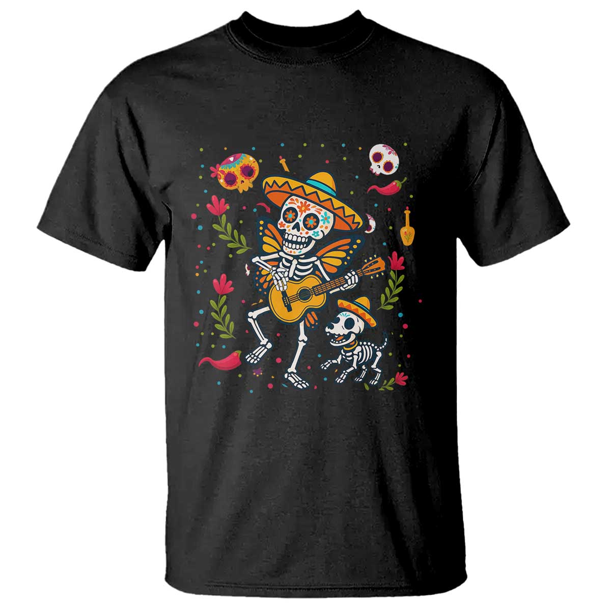 Day Of The Dead Skeleton T Shirt Playing Guitar With Dog Mexican Festival TS12 Black Print Your Wear