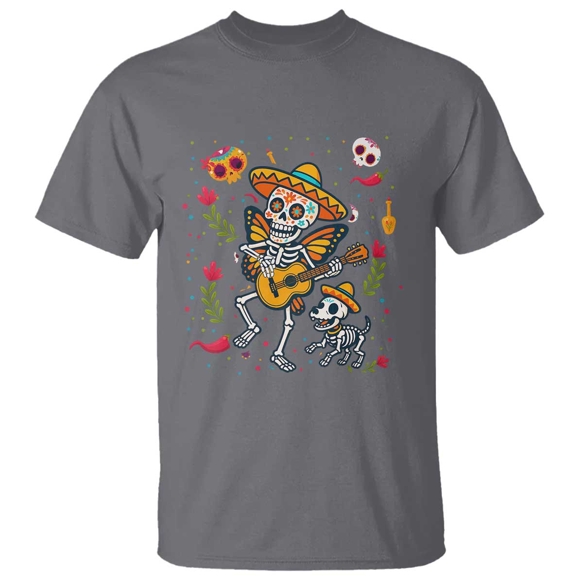 Day Of The Dead Skeleton T Shirt Playing Guitar With Dog Mexican Festival TS12 Charcoal Print Your Wear