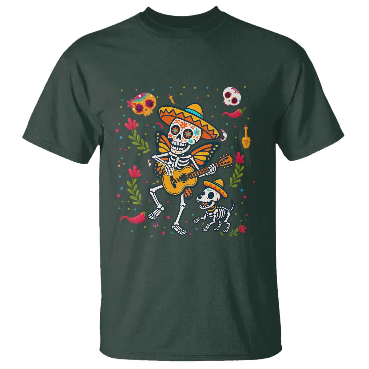 Day Of The Dead Skeleton T Shirt Playing Guitar With Dog Mexican Festival TS12 Dark Forest Green Print Your Wear