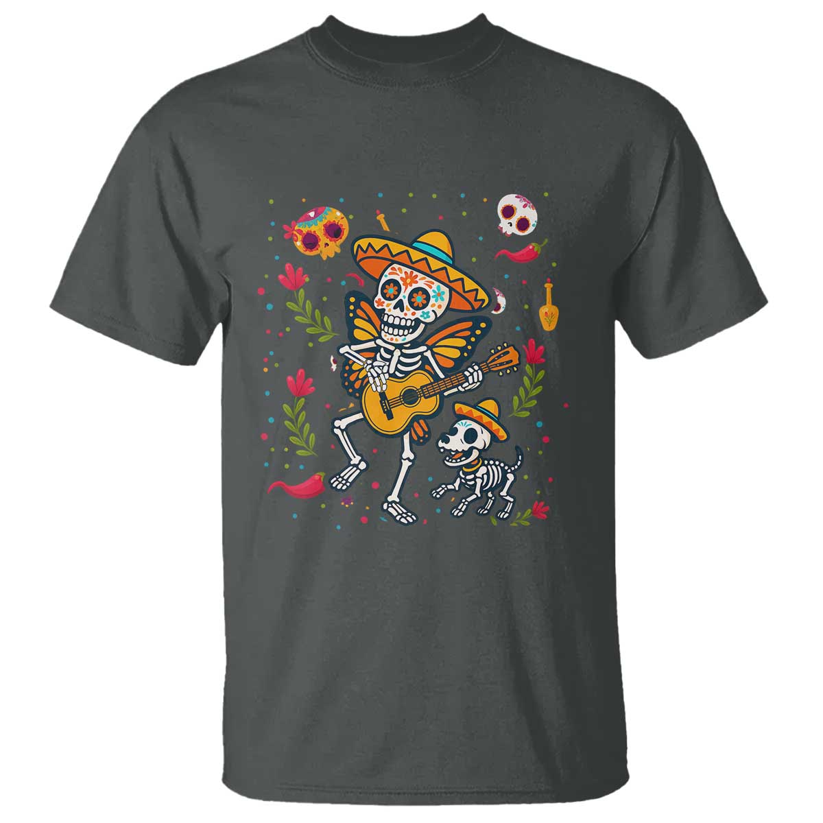 Day Of The Dead Skeleton T Shirt Playing Guitar With Dog Mexican Festival TS12 Dark Heather Print Your Wear