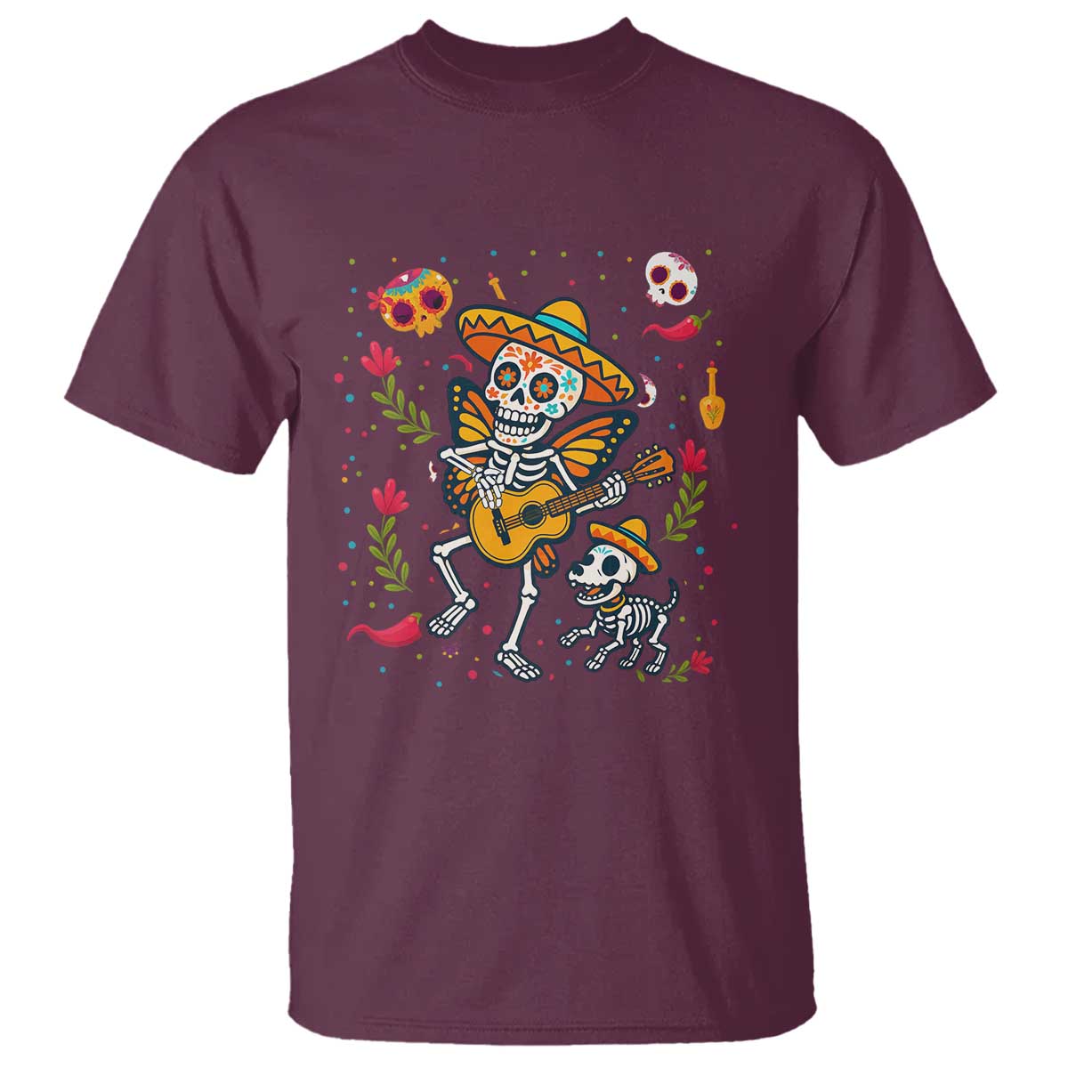 Day Of The Dead Skeleton T Shirt Playing Guitar With Dog Mexican Festival TS12 Maroon Print Your Wear