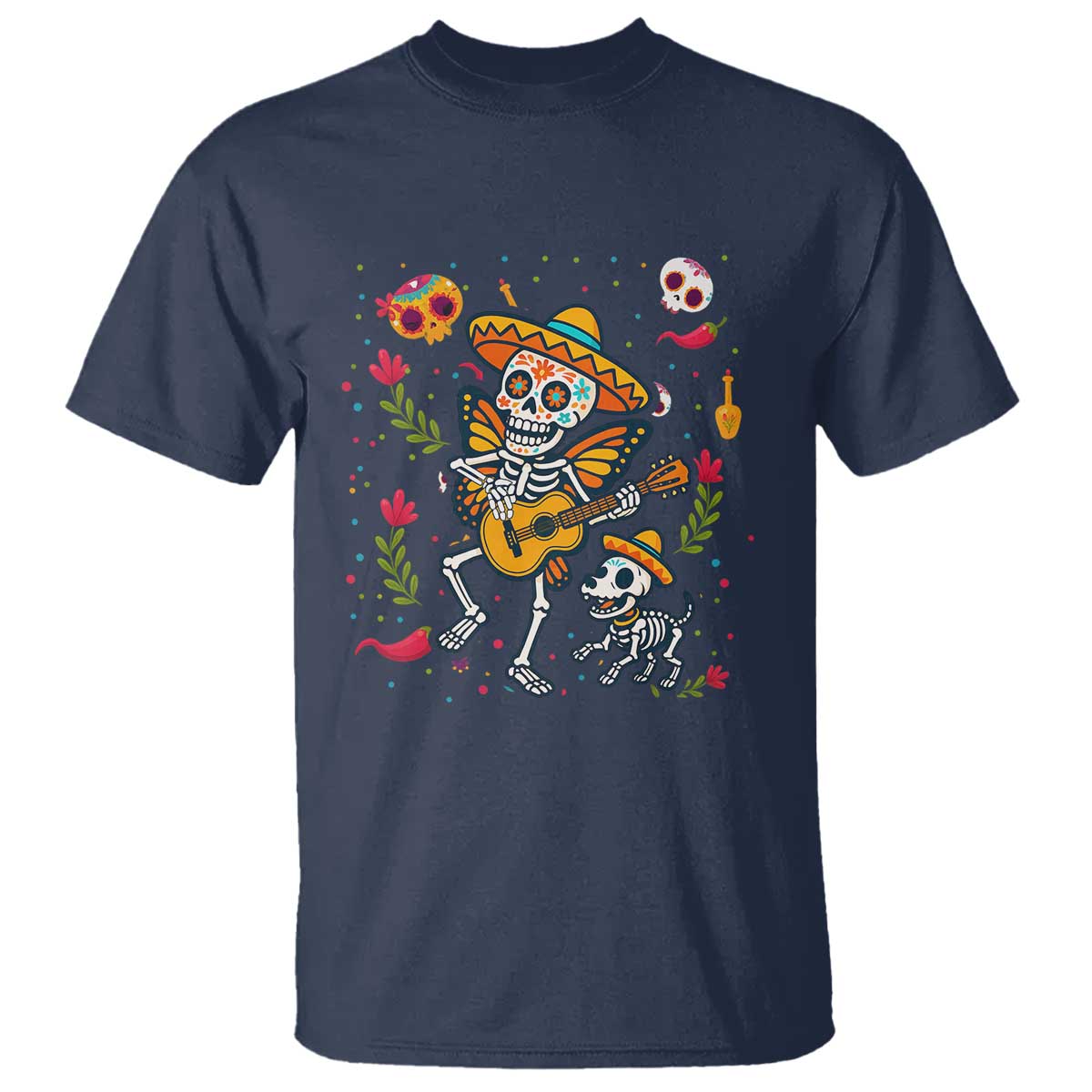 Day Of The Dead Skeleton T Shirt Playing Guitar With Dog Mexican Festival TS12 Navy Print Your Wear