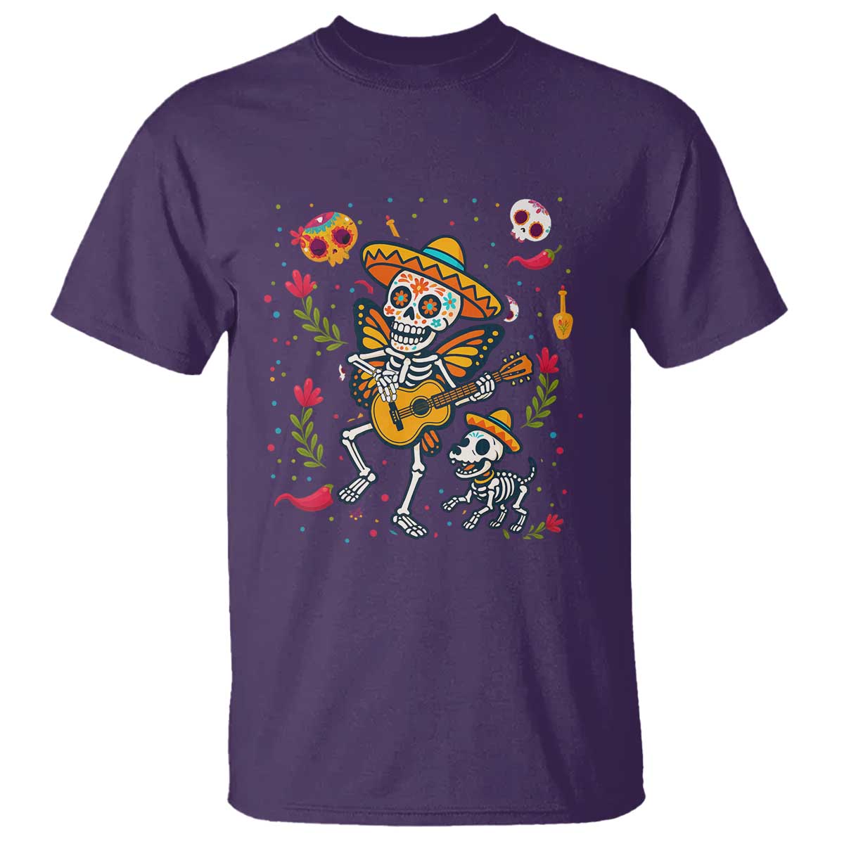 Day Of The Dead Skeleton T Shirt Playing Guitar With Dog Mexican Festival TS12 Purple Print Your Wear