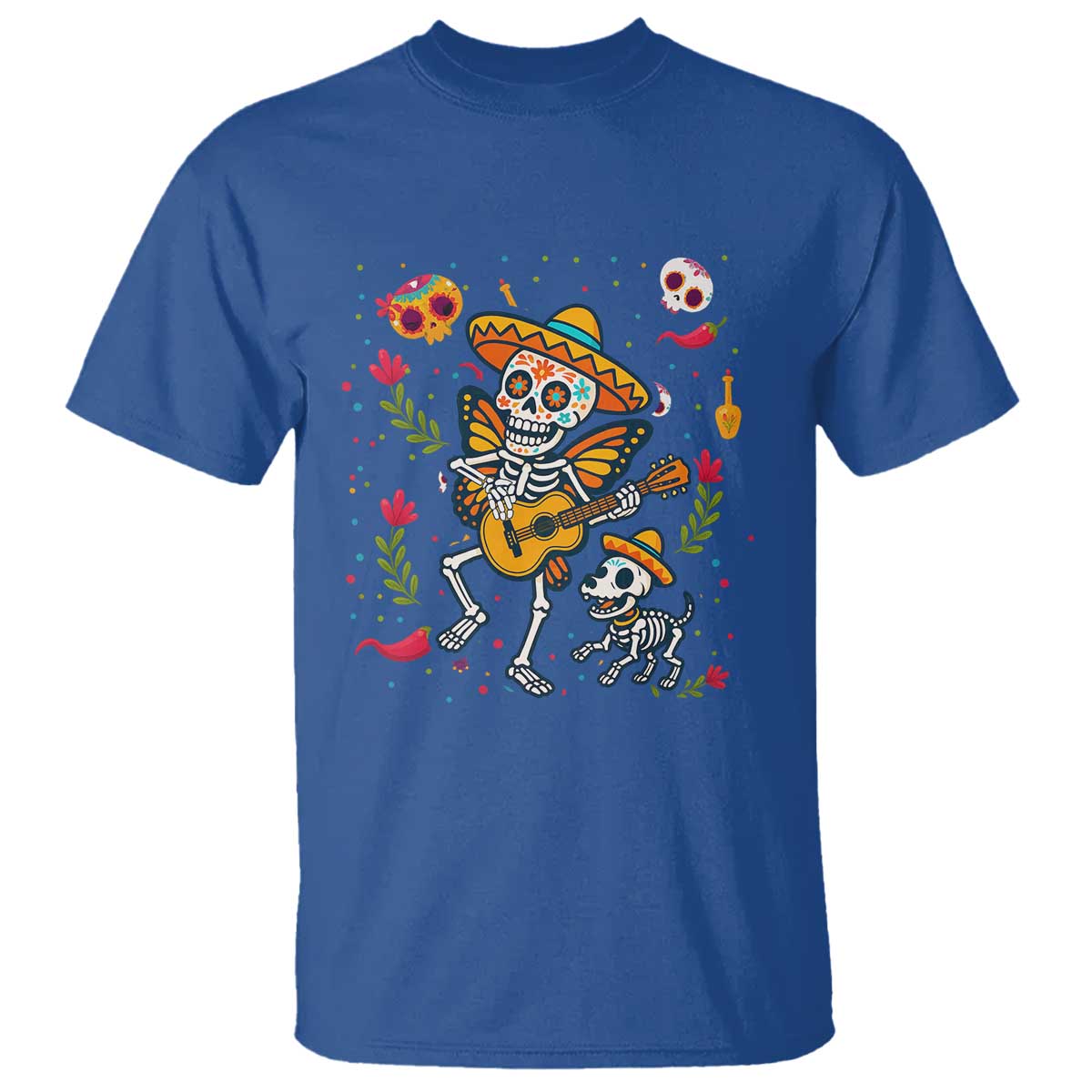 Day Of The Dead Skeleton T Shirt Playing Guitar With Dog Mexican Festival TS12 Royal Blue Print Your Wear