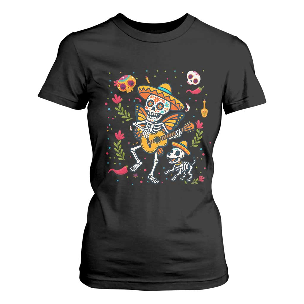 Day Of The Dead Skeleton T Shirt For Women Playing Guitar With Dog Mexican Festival TS12 Black Print Your Wear