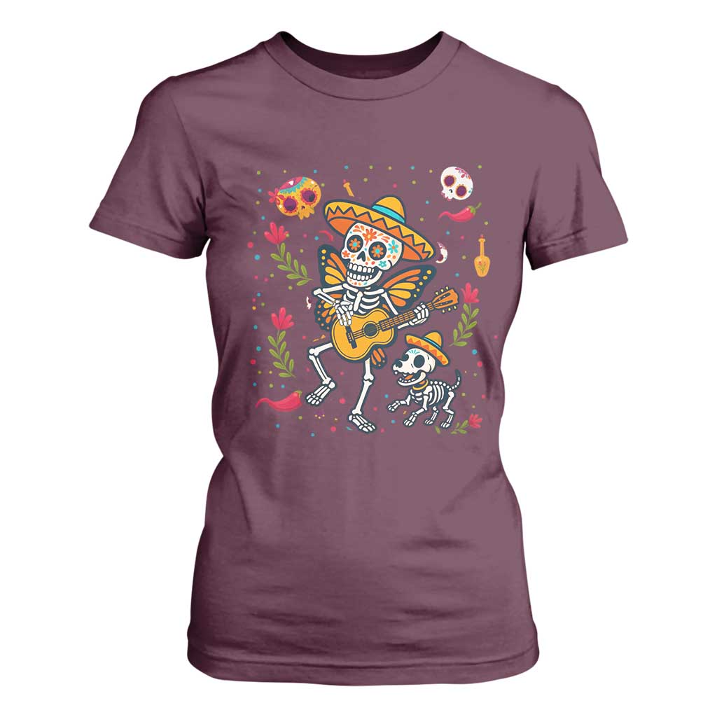 Day Of The Dead Skeleton T Shirt For Women Playing Guitar With Dog Mexican Festival TS12 Maroon Print Your Wear