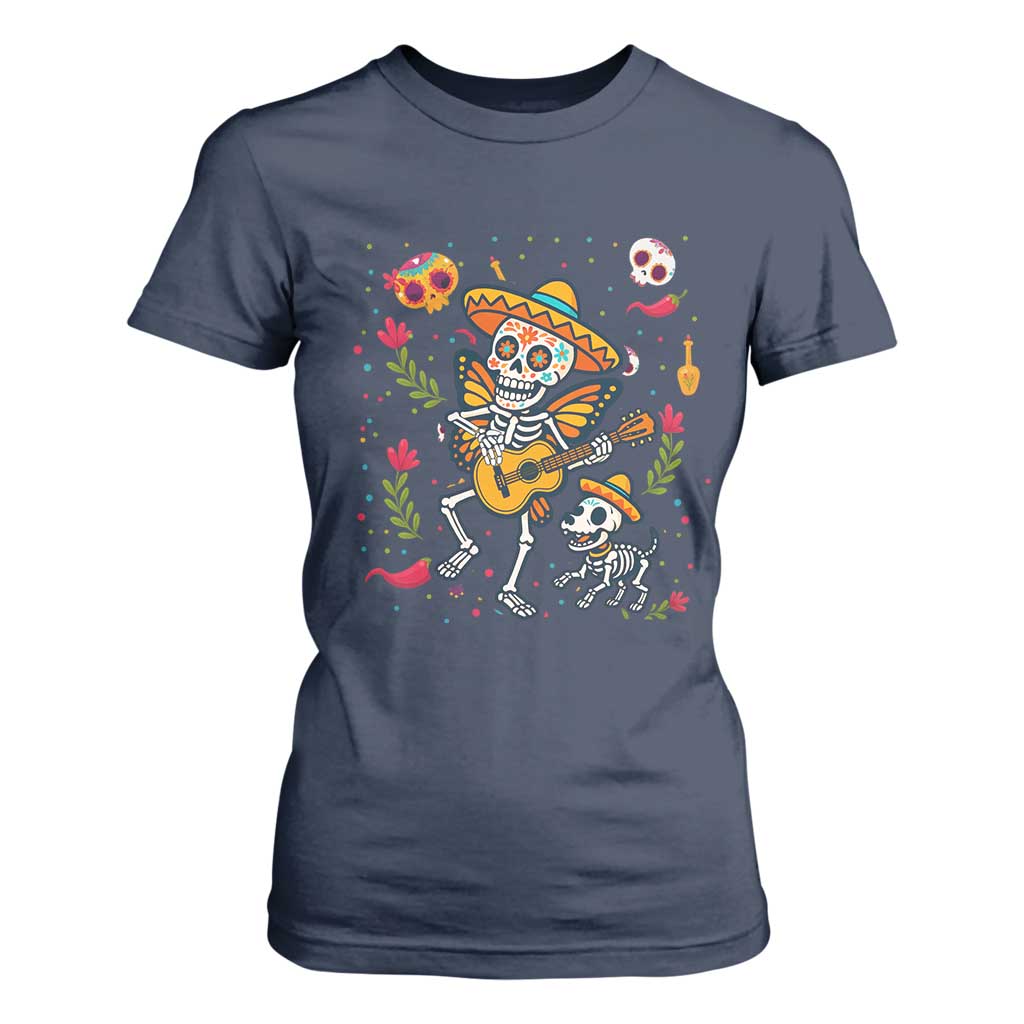 Day Of The Dead Skeleton T Shirt For Women Playing Guitar With Dog Mexican Festival TS12 Navy Print Your Wear