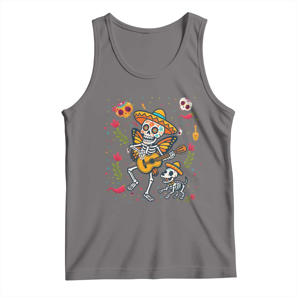 Day of the Dead Skeleton Tank Top Playing Guitar With Dog Mexican Festival TS12 Deep Heather Print Your Wear