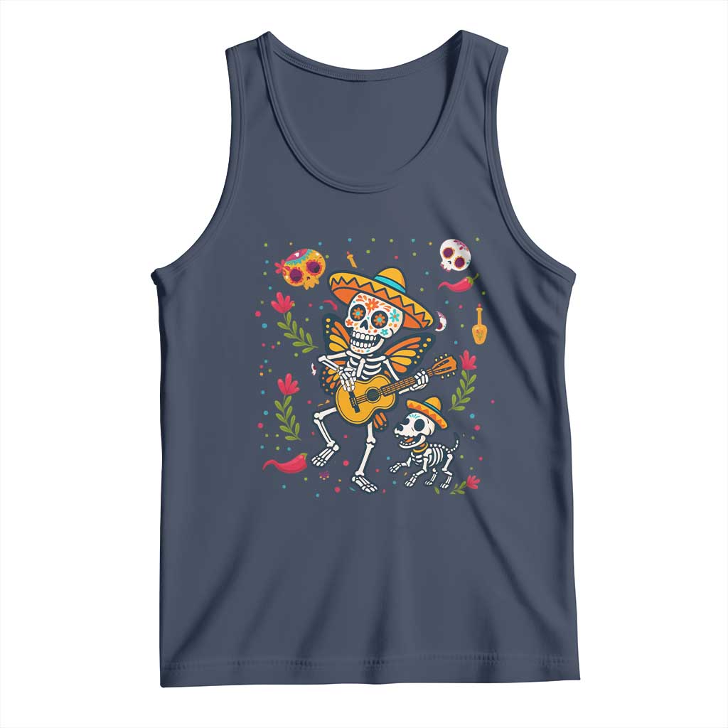 Day of the Dead Skeleton Tank Top Playing Guitar With Dog Mexican Festival TS12 Navy Print Your Wear