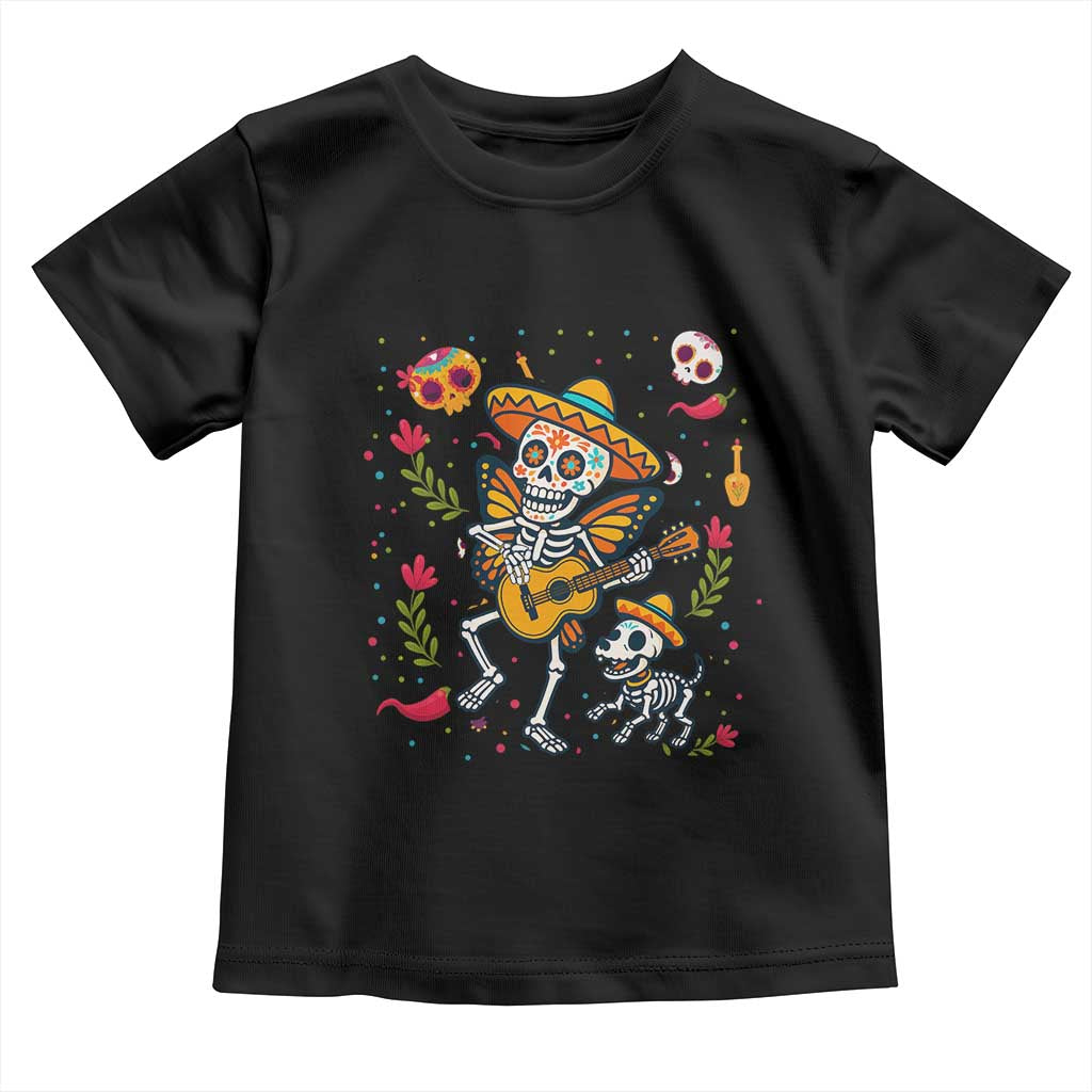 Day Of The Dead Skeleton Toddler T Shirt Playing Guitar With Dog Mexican Festival TS12 Black Print Your Wear