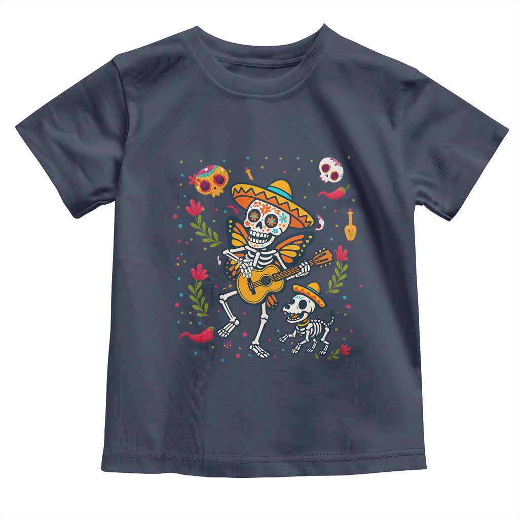 Day Of The Dead Skeleton Toddler T Shirt Playing Guitar With Dog Mexican Festival TS12 Navy Print Your Wear
