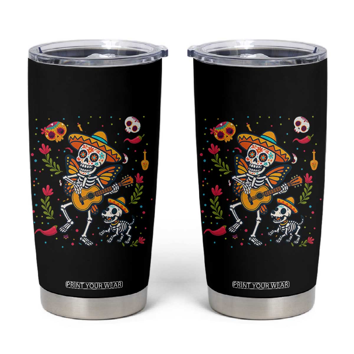 Day Of The Dead Skeleton Tumbler Cup Playing Guitar With Dog Mexican Festival TS12 Black Print Your Wear