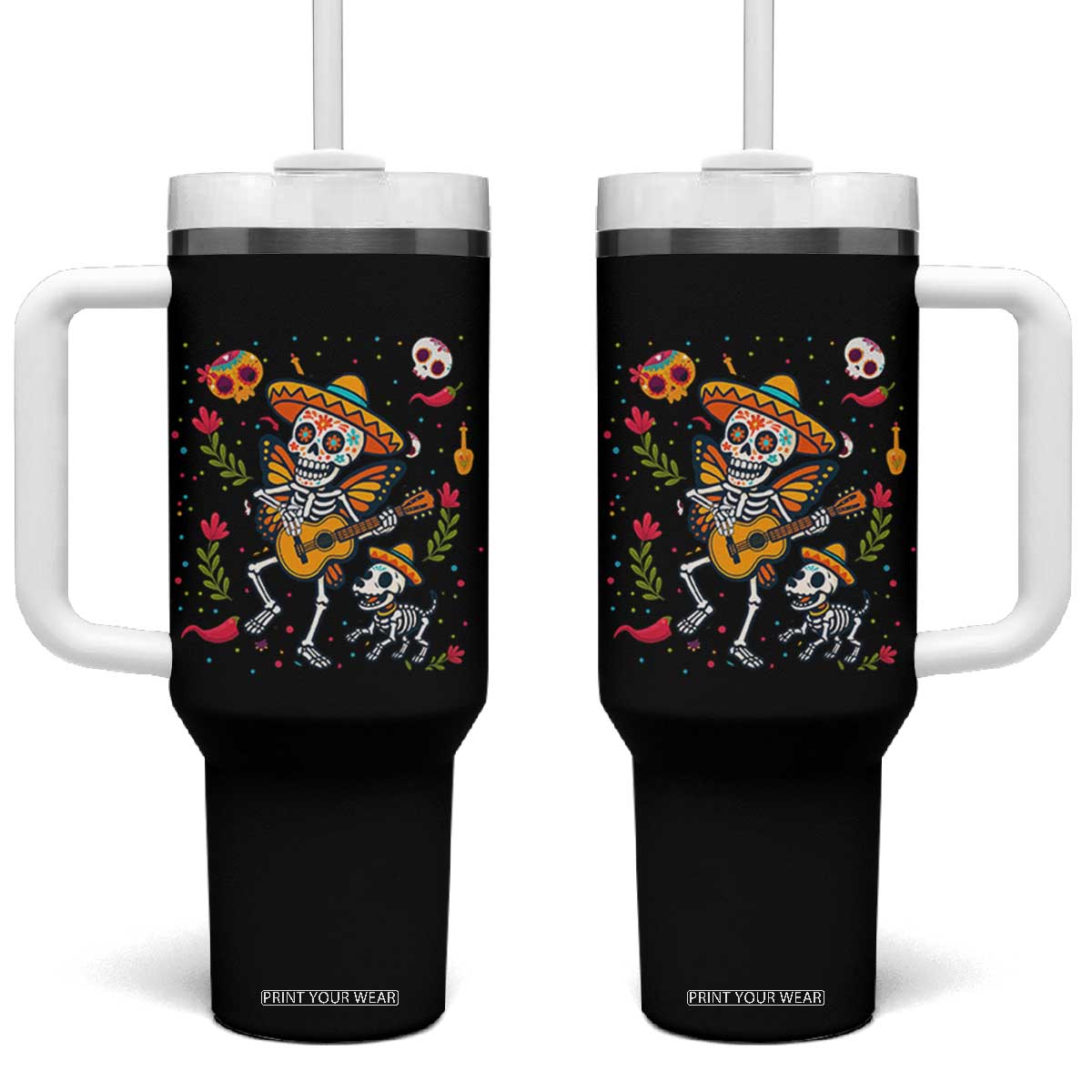 Day Of The Dead Skeleton Tumbler With Handle Playing Guitar With Dog Mexican Festival TS12 One Size: 40 oz Black Print Your Wear
