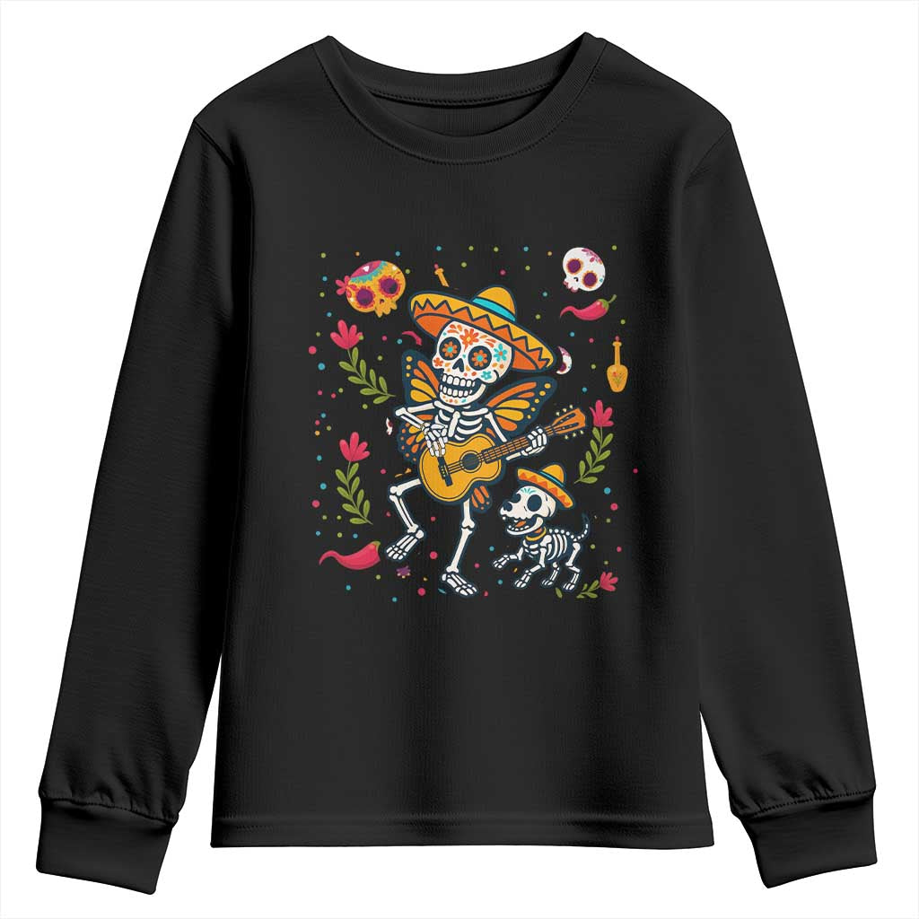 Day Of The Dead Skeleton Youth Sweatshirt Playing Guitar With Dog Mexican Festival TS12 Black Print Your Wear