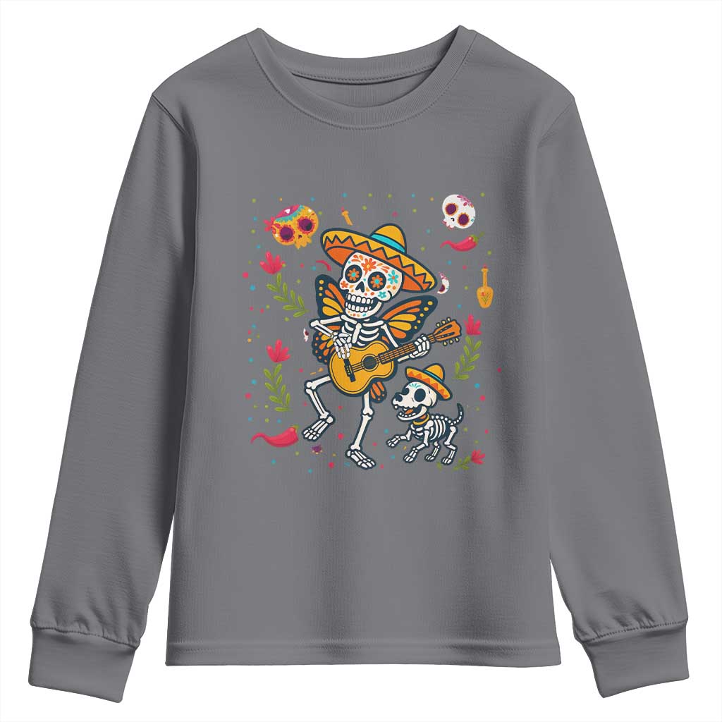 Day Of The Dead Skeleton Youth Sweatshirt Playing Guitar With Dog Mexican Festival TS12 Charcoal Print Your Wear
