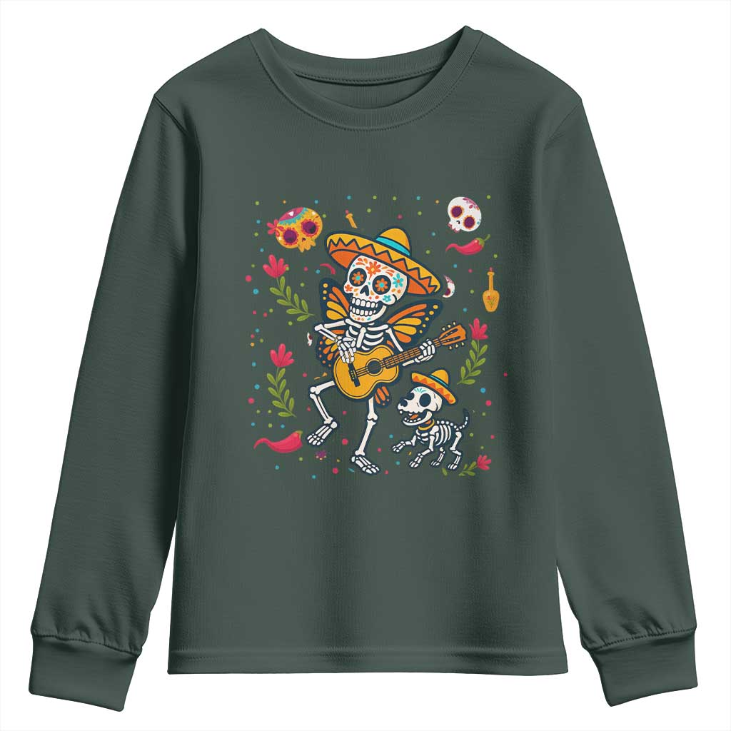Day Of The Dead Skeleton Youth Sweatshirt Playing Guitar With Dog Mexican Festival TS12 Dark Forest Green Print Your Wear