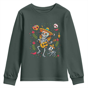 Day Of The Dead Skeleton Youth Sweatshirt Playing Guitar With Dog Mexican Festival TS12 Dark Forest Green Print Your Wear