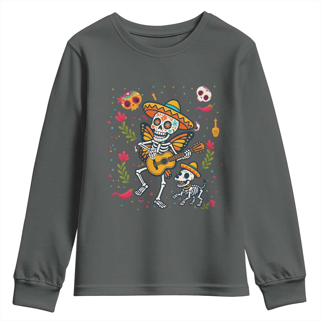 Day Of The Dead Skeleton Youth Sweatshirt Playing Guitar With Dog Mexican Festival TS12 Dark Heather Print Your Wear