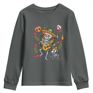 Day Of The Dead Skeleton Youth Sweatshirt Playing Guitar With Dog Mexican Festival TS12 Dark Heather Print Your Wear