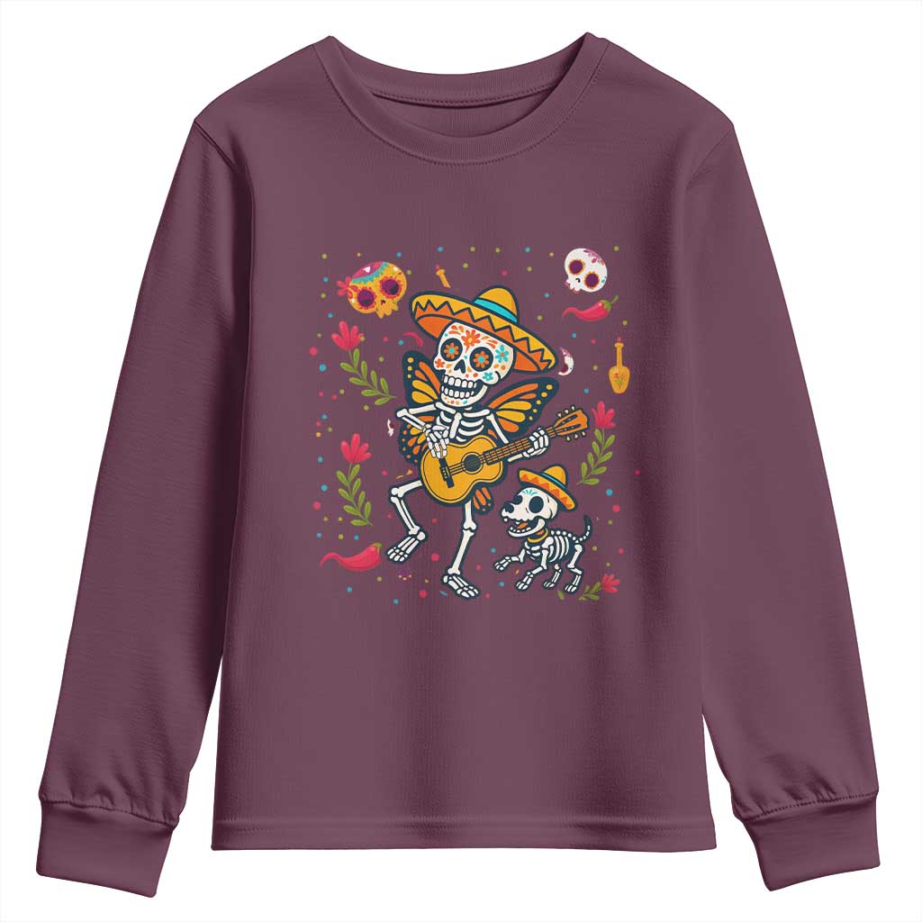 Day Of The Dead Skeleton Youth Sweatshirt Playing Guitar With Dog Mexican Festival TS12 Maroon Print Your Wear