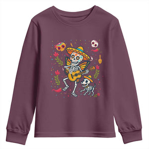 Day Of The Dead Skeleton Youth Sweatshirt Playing Guitar With Dog Mexican Festival TS12 Maroon Print Your Wear