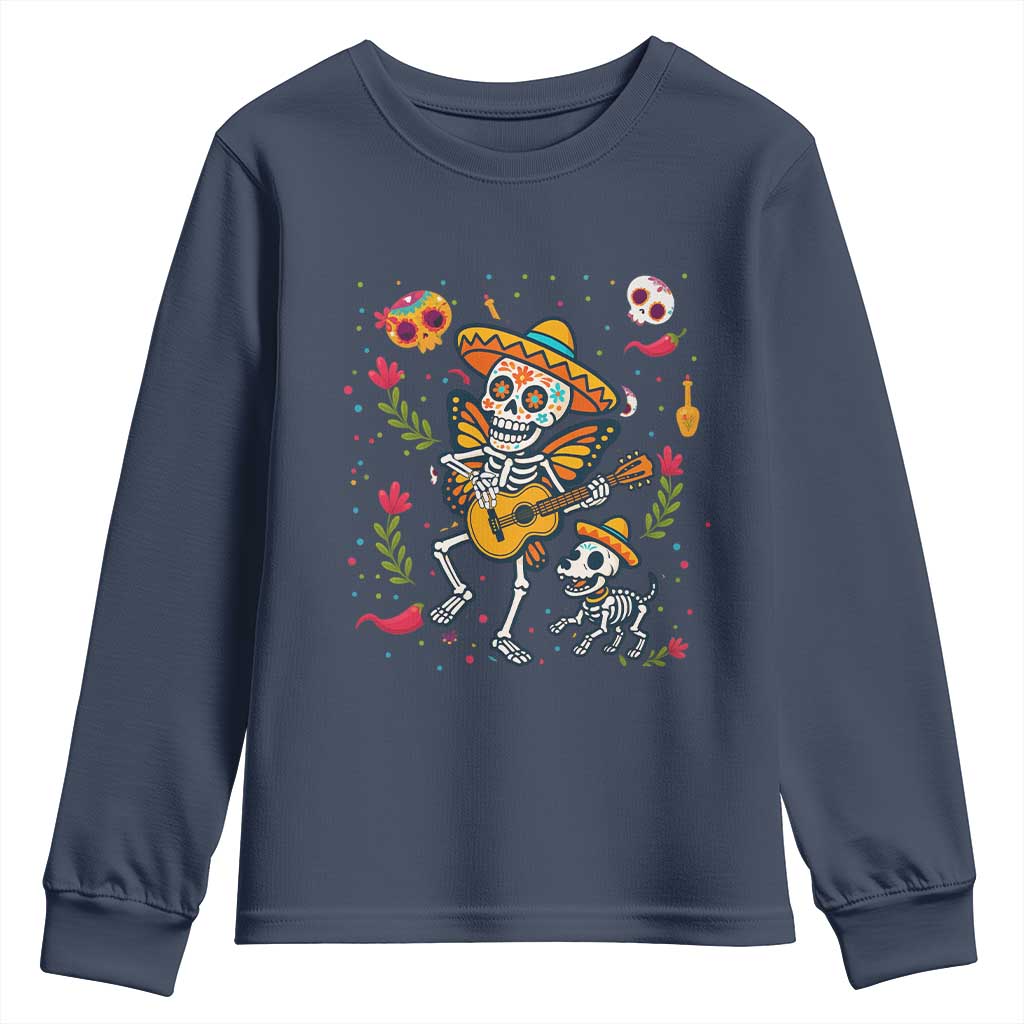 Day Of The Dead Skeleton Youth Sweatshirt Playing Guitar With Dog Mexican Festival TS12 Navy Print Your Wear