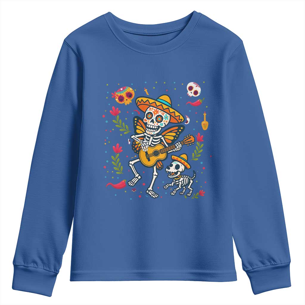 Day Of The Dead Skeleton Youth Sweatshirt Playing Guitar With Dog Mexican Festival TS12 Royal Blue Print Your Wear