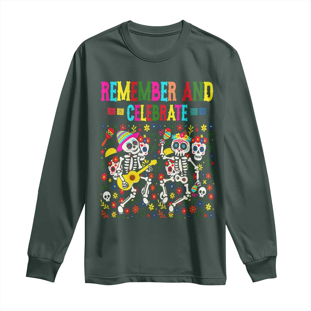 Dia De Los Muertos Skeleton Long Sleeve Shirt Remember And Celebrate Mexican Festival TS12 Dark Forest Green Print Your Wear